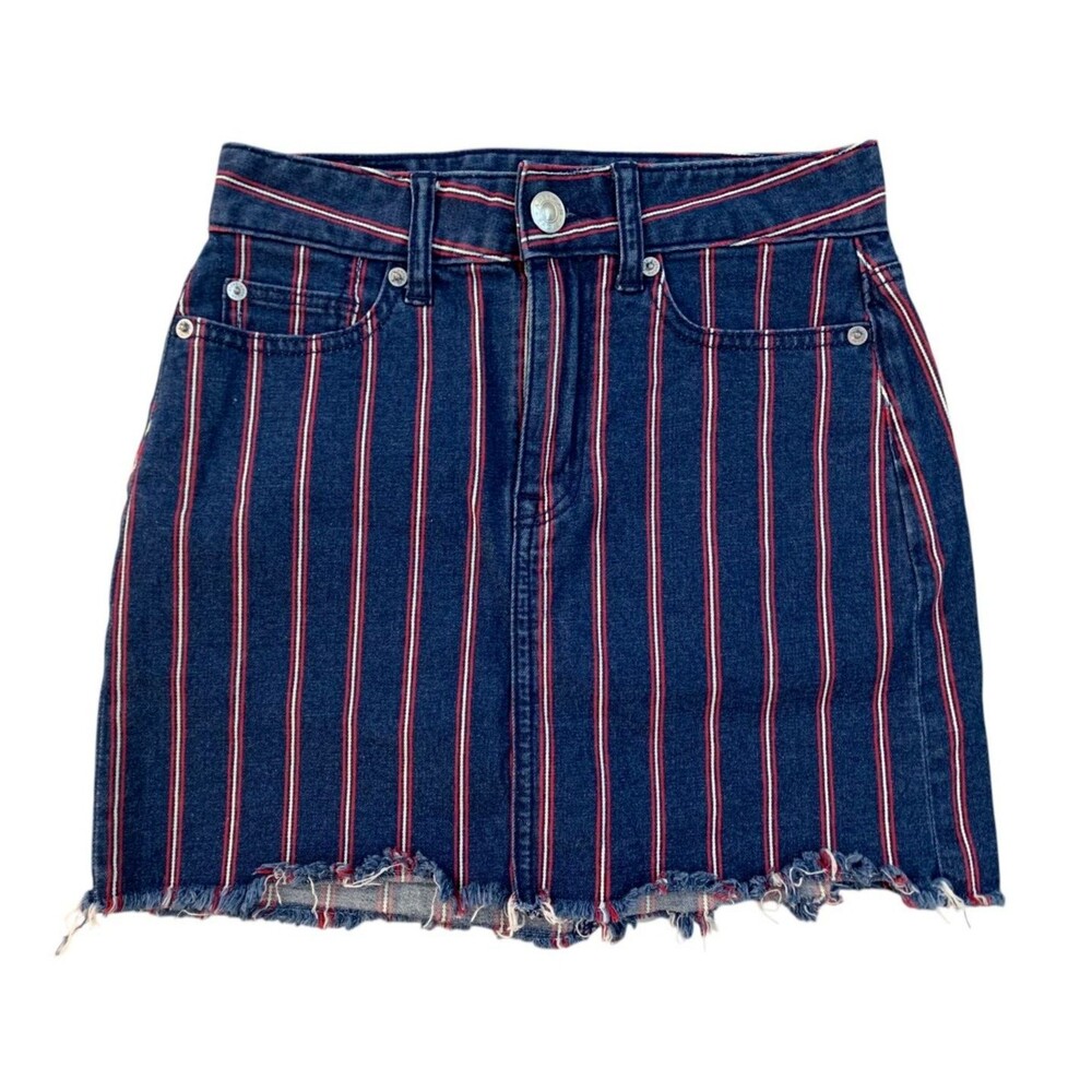 American Eagle Women's size 00 Denim Striped Super Stretch Mini Skirt Raw Hem